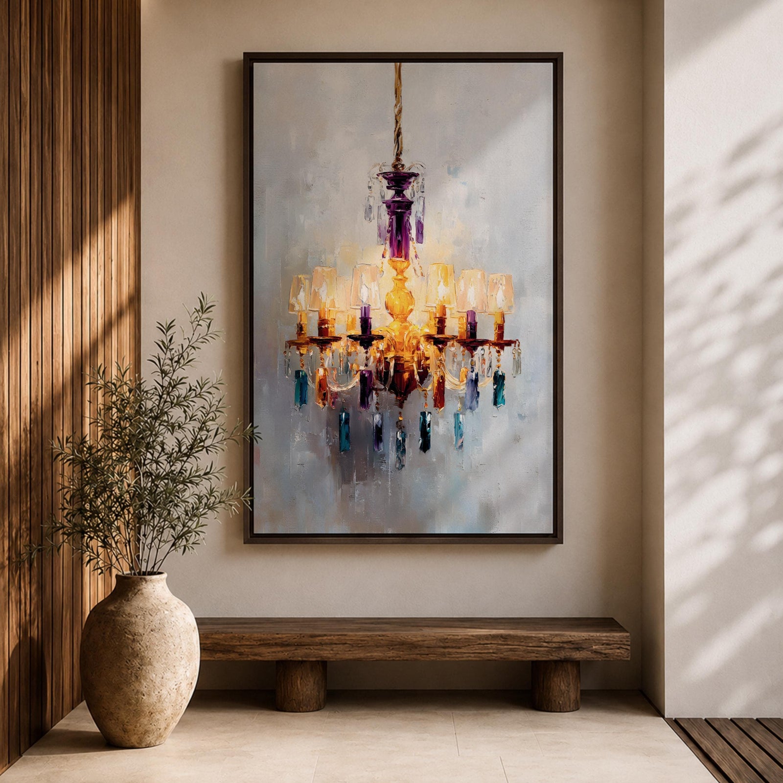 An impasto style painting of a chandelier with multiple lit lampshades and hanging crystals rendered in thick textured brushstrokes. The artwork captures the ornate details and warm glow of the chandelier against a soft, muted background, emphasizing its elegant and decorative form.