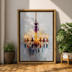 An impasto style painting of a chandelier with multiple lit lampshades and hanging crystals rendered in thick textured brushstrokes. The artwork captures the ornate details and warm glow of the chandelier against a soft, muted background, emphasizing its elegant and decorative form.