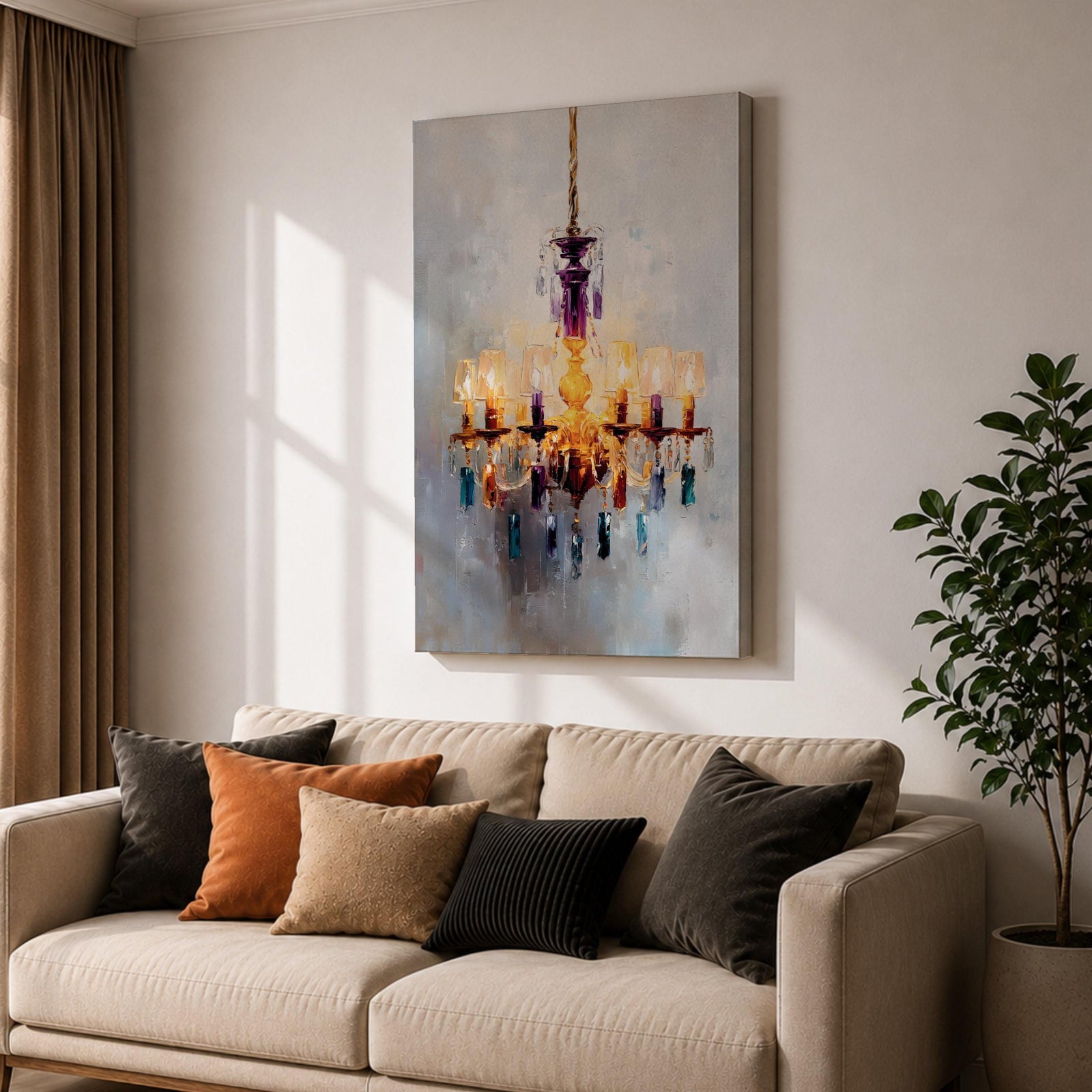 An impasto style painting of a chandelier with multiple lit lampshades and hanging crystals rendered in thick textured brushstrokes. The artwork captures the ornate details and warm glow of the chandelier against a soft, muted background, emphasizing its elegant and decorative form.
