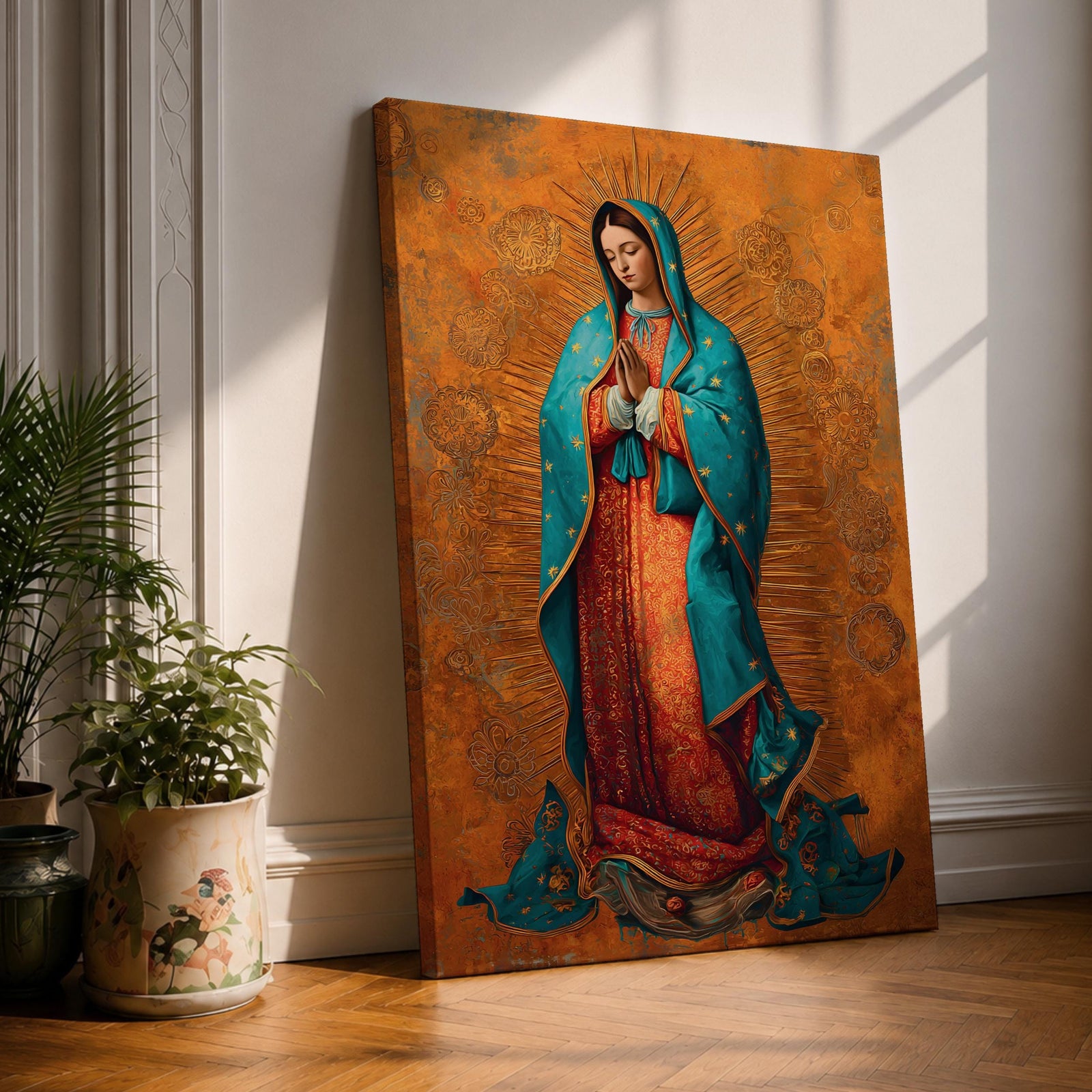 A richly detailed depiction of Our Lady of Guadalupe with hands folded in prayer, wearing a teal mantle adorned with gold accents over a red gown, surrounded by radiant golden patterns on a warm textured background, creating a sacred and reverent atmosphere.