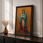 A richly detailed depiction of Our Lady of Guadalupe with hands folded in prayer, wearing a teal mantle adorned with gold accents over a red gown, surrounded by radiant golden patterns on a warm textured background, creating a sacred and reverent atmosphere.