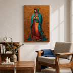 A richly detailed depiction of Our Lady of Guadalupe with hands folded in prayer, wearing a teal mantle adorned with gold accents over a red gown, surrounded by radiant golden patterns on a warm textured background, creating a sacred and reverent atmosphere.