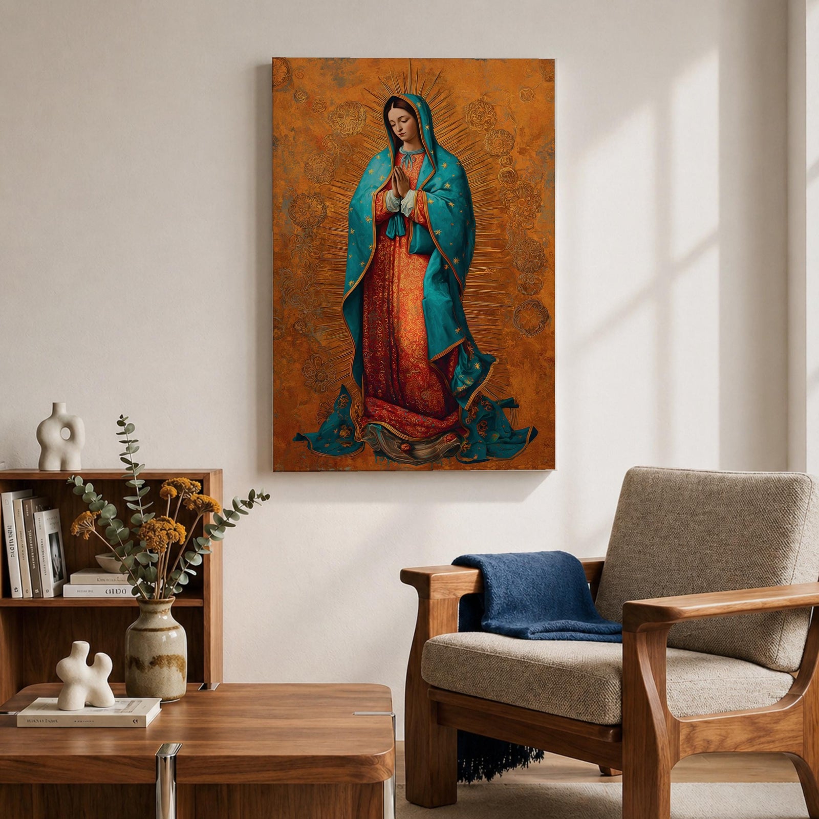 A richly detailed depiction of Our Lady of Guadalupe with hands folded in prayer, wearing a teal mantle adorned with gold accents over a red gown, surrounded by radiant golden patterns on a warm textured background, creating a sacred and reverent atmosphere.