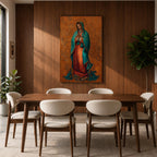 A richly detailed depiction of Our Lady of Guadalupe with hands folded in prayer, wearing a teal mantle adorned with gold accents over a red gown, surrounded by radiant golden patterns on a warm textured background, creating a sacred and reverent atmosphere.