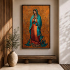 A richly detailed depiction of Our Lady of Guadalupe with hands folded in prayer, wearing a teal mantle adorned with gold accents over a red gown, surrounded by radiant golden patterns on a warm textured background, creating a sacred and reverent atmosphere.