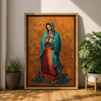 A richly detailed depiction of Our Lady of Guadalupe with hands folded in prayer, wearing a teal mantle adorned with gold accents over a red gown, surrounded by radiant golden patterns on a warm textured background, creating a sacred and reverent atmosphere.