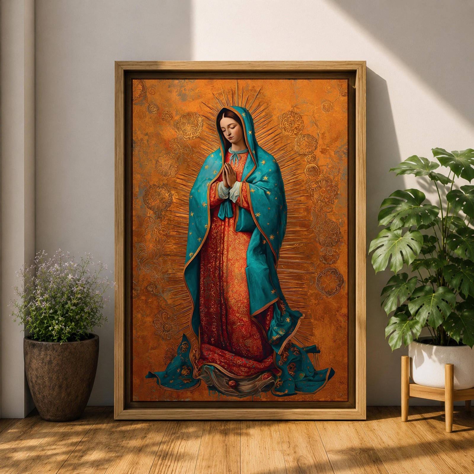 A richly detailed depiction of Our Lady of Guadalupe with hands folded in prayer, wearing a teal mantle adorned with gold accents over a red gown, surrounded by radiant golden patterns on a warm textured background, creating a sacred and reverent atmosphere.