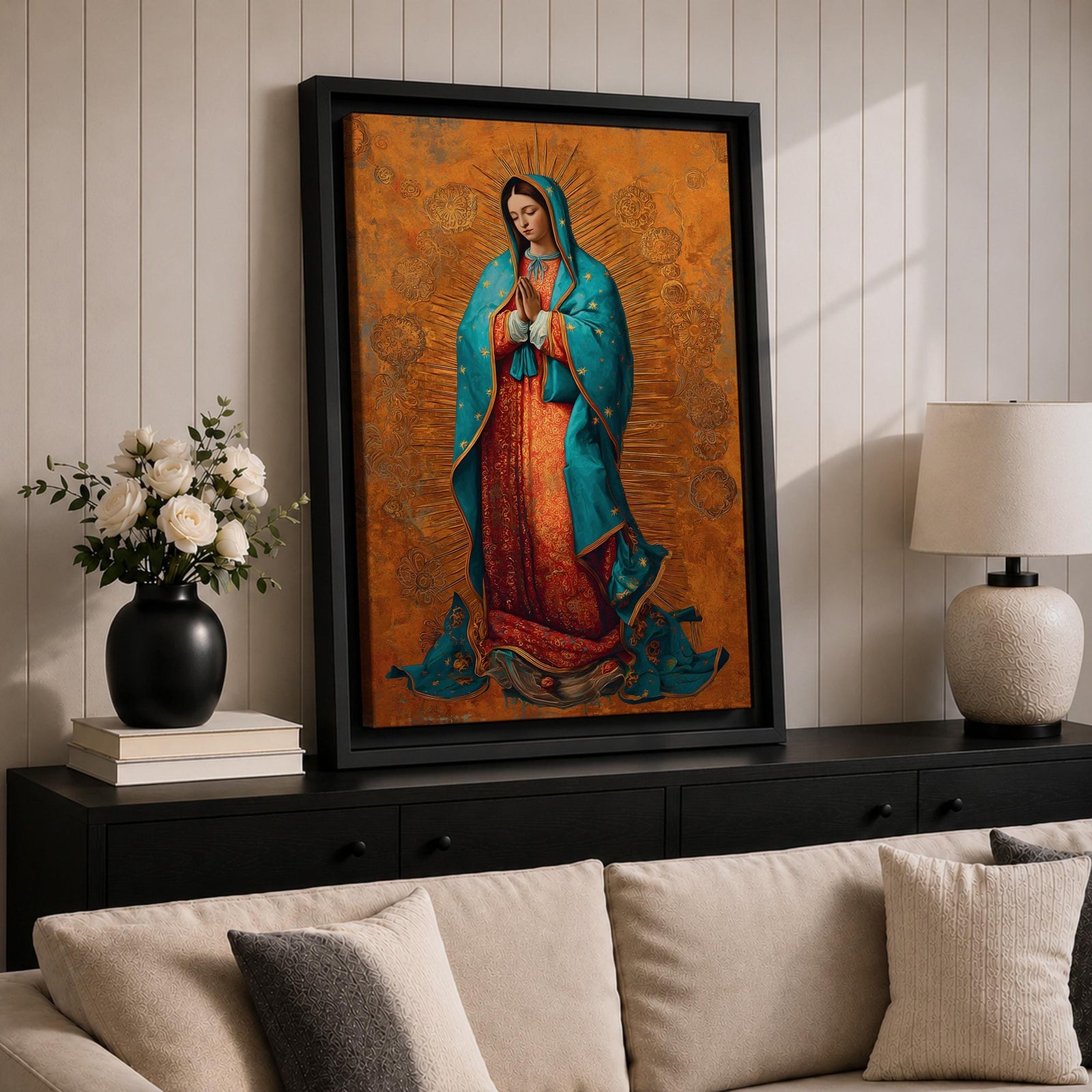 A richly detailed depiction of Our Lady of Guadalupe with hands folded in prayer, wearing a teal mantle adorned with gold accents over a red gown, surrounded by radiant golden patterns on a warm textured background, creating a sacred and reverent atmosphere.