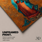 A richly detailed depiction of Our Lady of Guadalupe with hands folded in prayer, wearing a teal mantle adorned with gold accents over a red gown, surrounded by radiant golden patterns on a warm textured background, creating a sacred and reverent atmosphere.