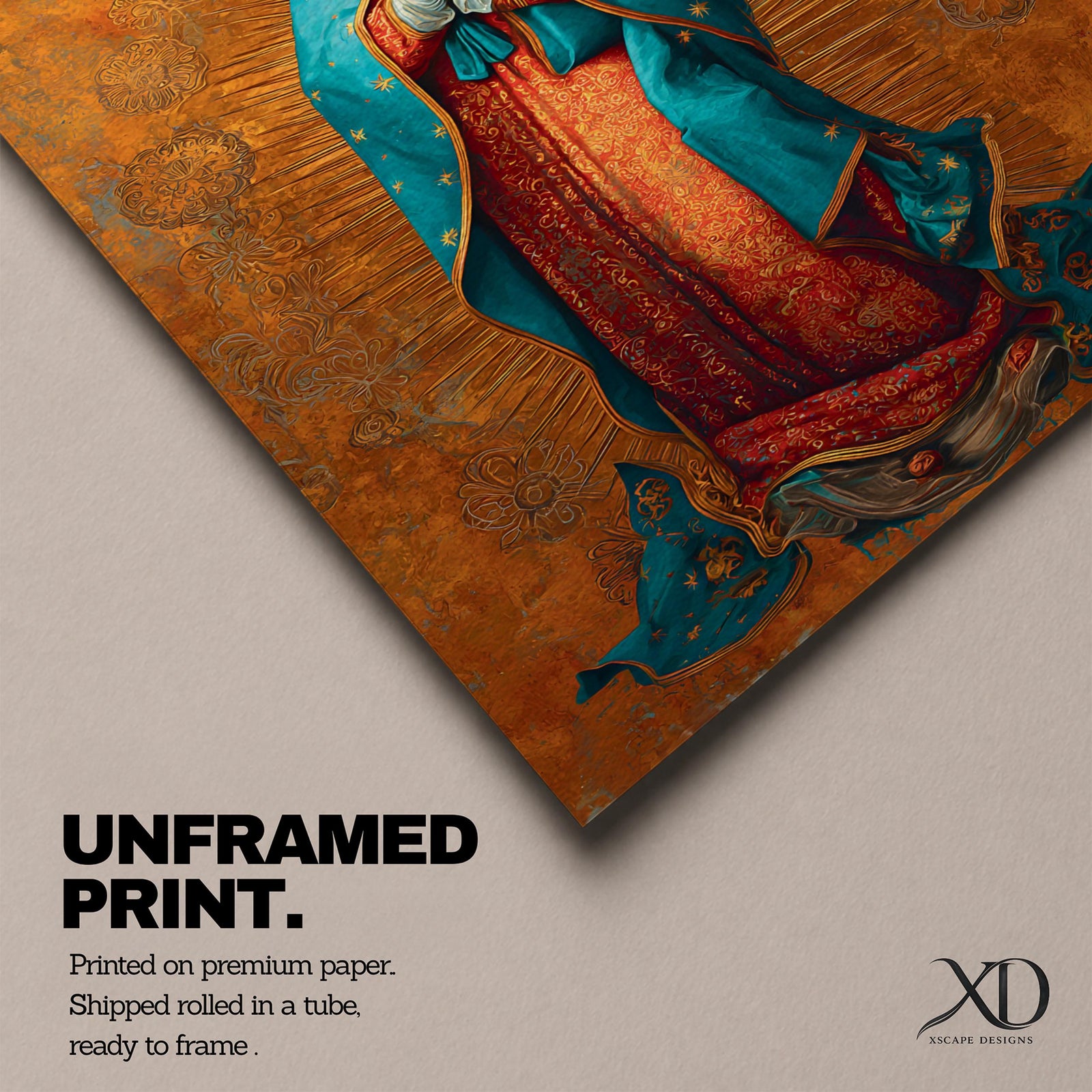 A richly detailed depiction of Our Lady of Guadalupe with hands folded in prayer, wearing a teal mantle adorned with gold accents over a red gown, surrounded by radiant golden patterns on a warm textured background, creating a sacred and reverent atmosphere.