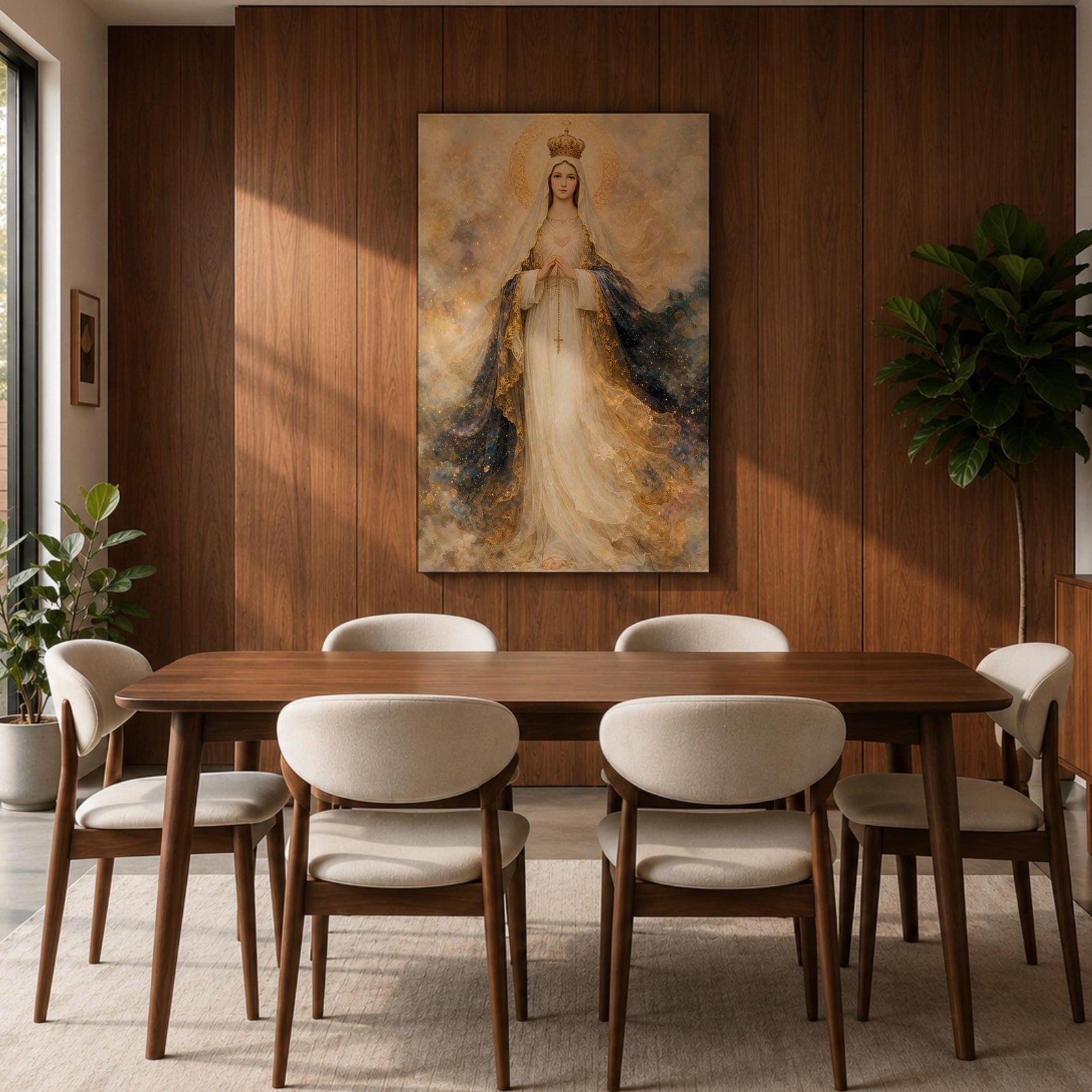 A detailed painting of Our Lady of Fatima, depicting a crowned Virgin Mary with hands clasped in prayer, wearing flowing robes with gold accents and a halo, surrounded by a soft, ethereal cloud background, rendered in a classic religious style.