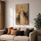 A detailed painting of Our Lady of Fatima, depicting a crowned Virgin Mary with hands clasped in prayer, wearing flowing robes with gold accents and a halo, surrounded by a soft, ethereal cloud background, rendered in a classic religious style.