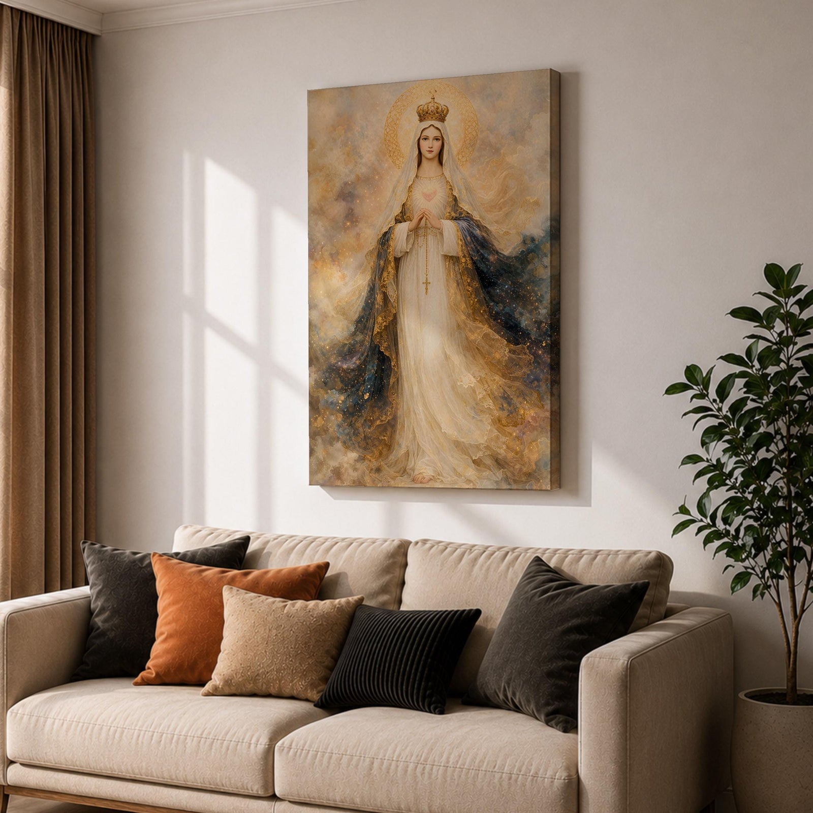 A detailed painting of Our Lady of Fatima, depicting a crowned Virgin Mary with hands clasped in prayer, wearing flowing robes with gold accents and a halo, surrounded by a soft, ethereal cloud background, rendered in a classic religious style.