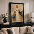 A detailed painting of Our Lady of Fatima, depicting a crowned Virgin Mary with hands clasped in prayer, wearing flowing robes with gold accents and a halo, surrounded by a soft, ethereal cloud background, rendered in a classic religious style.