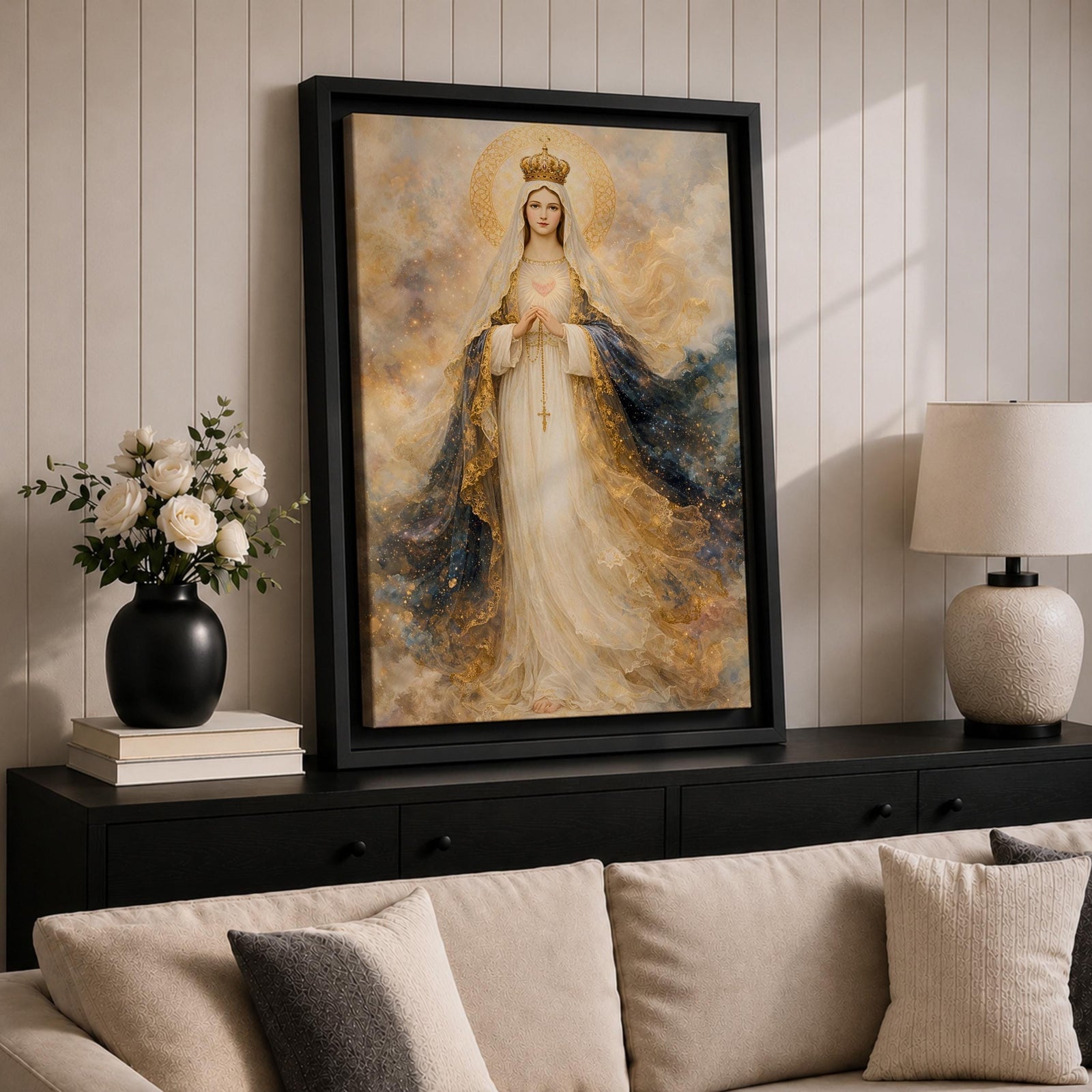 A detailed painting of Our Lady of Fatima, depicting a crowned Virgin Mary with hands clasped in prayer, wearing flowing robes with gold accents and a halo, surrounded by a soft, ethereal cloud background, rendered in a classic religious style.