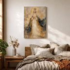 A detailed painting of Our Lady of Fatima, depicting a crowned Virgin Mary with hands clasped in prayer, wearing flowing robes with gold accents and a halo, surrounded by a soft, ethereal cloud background, rendered in a classic religious style.