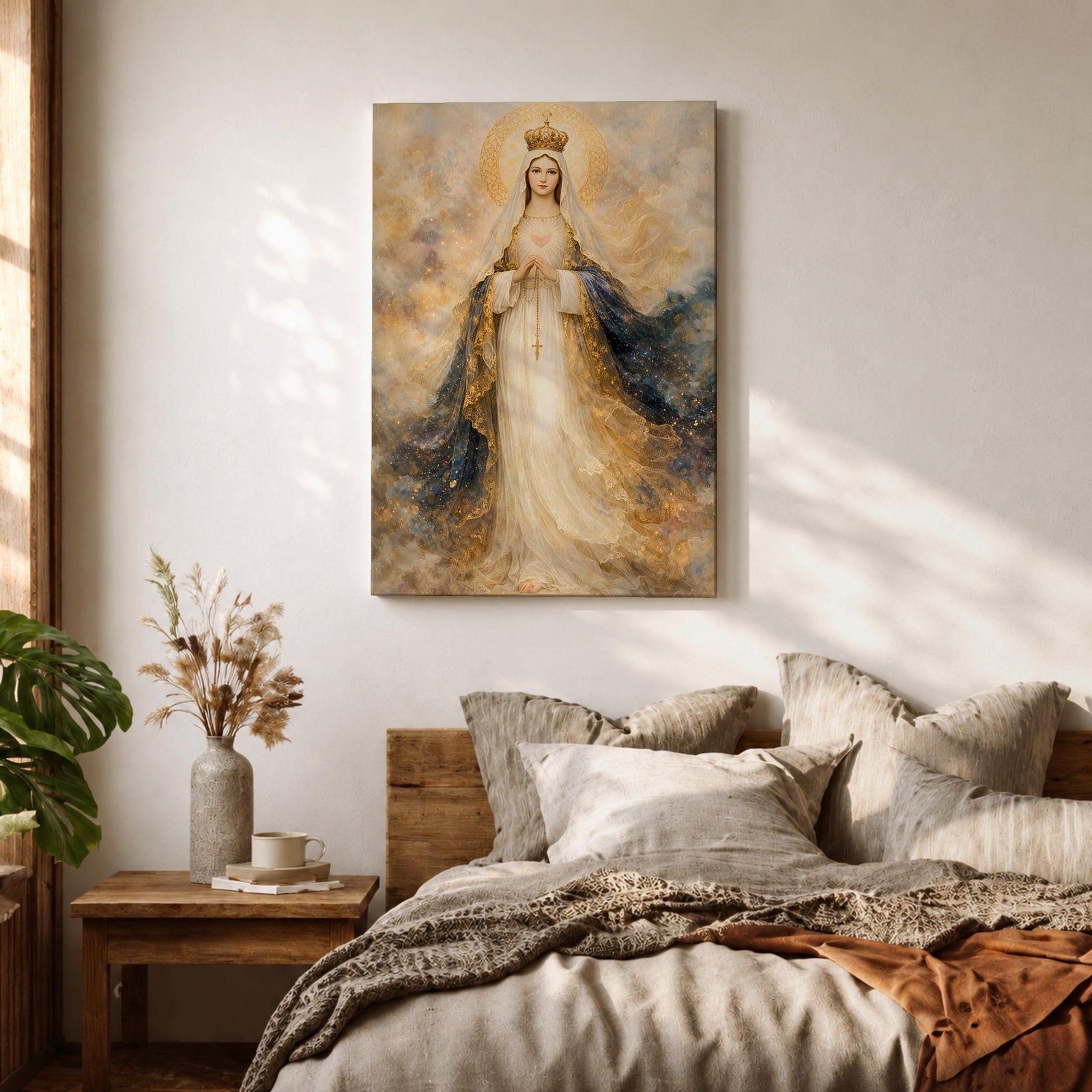 A detailed painting of Our Lady of Fatima, depicting a crowned Virgin Mary with hands clasped in prayer, wearing flowing robes with gold accents and a halo, surrounded by a soft, ethereal cloud background, rendered in a classic religious style.