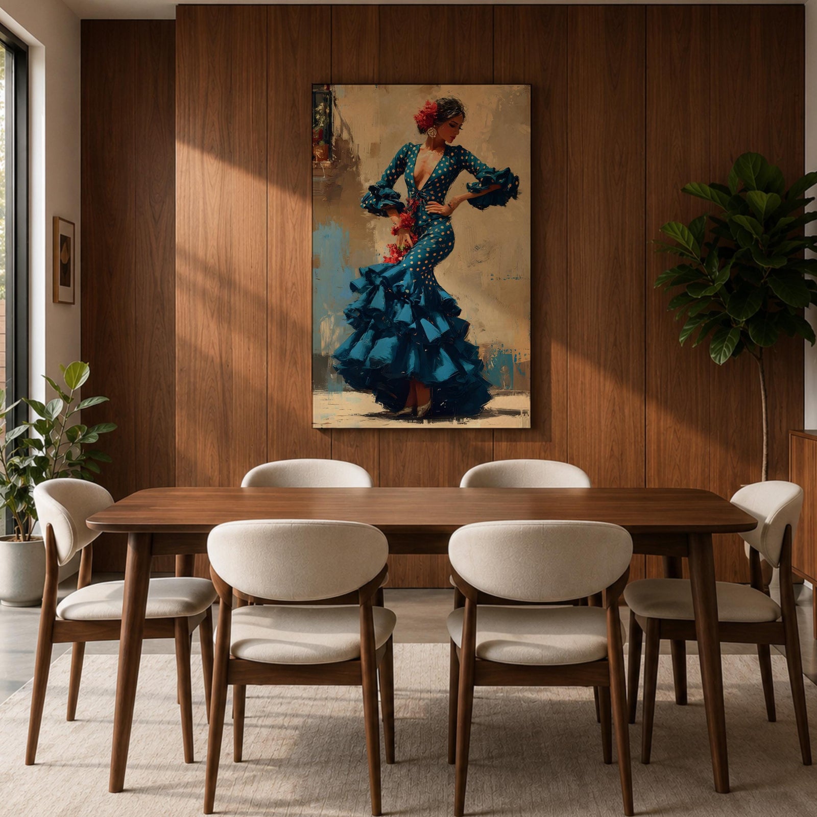 An expressive artwork of a flamenco dancer wearing a deep blue ruffled dress with polka dot patterns, posed mid movement with hands on her hips, adorned with red flowers, rendered in dynamic brushstrokes that capture motion, texture, and the bold energy of traditional Spanish dance.