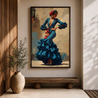 An expressive artwork of a flamenco dancer wearing a deep blue ruffled dress with polka dot patterns, posed mid movement with hands on her hips, adorned with red flowers, rendered in dynamic brushstrokes that capture motion, texture, and the bold energy of traditional Spanish dance.