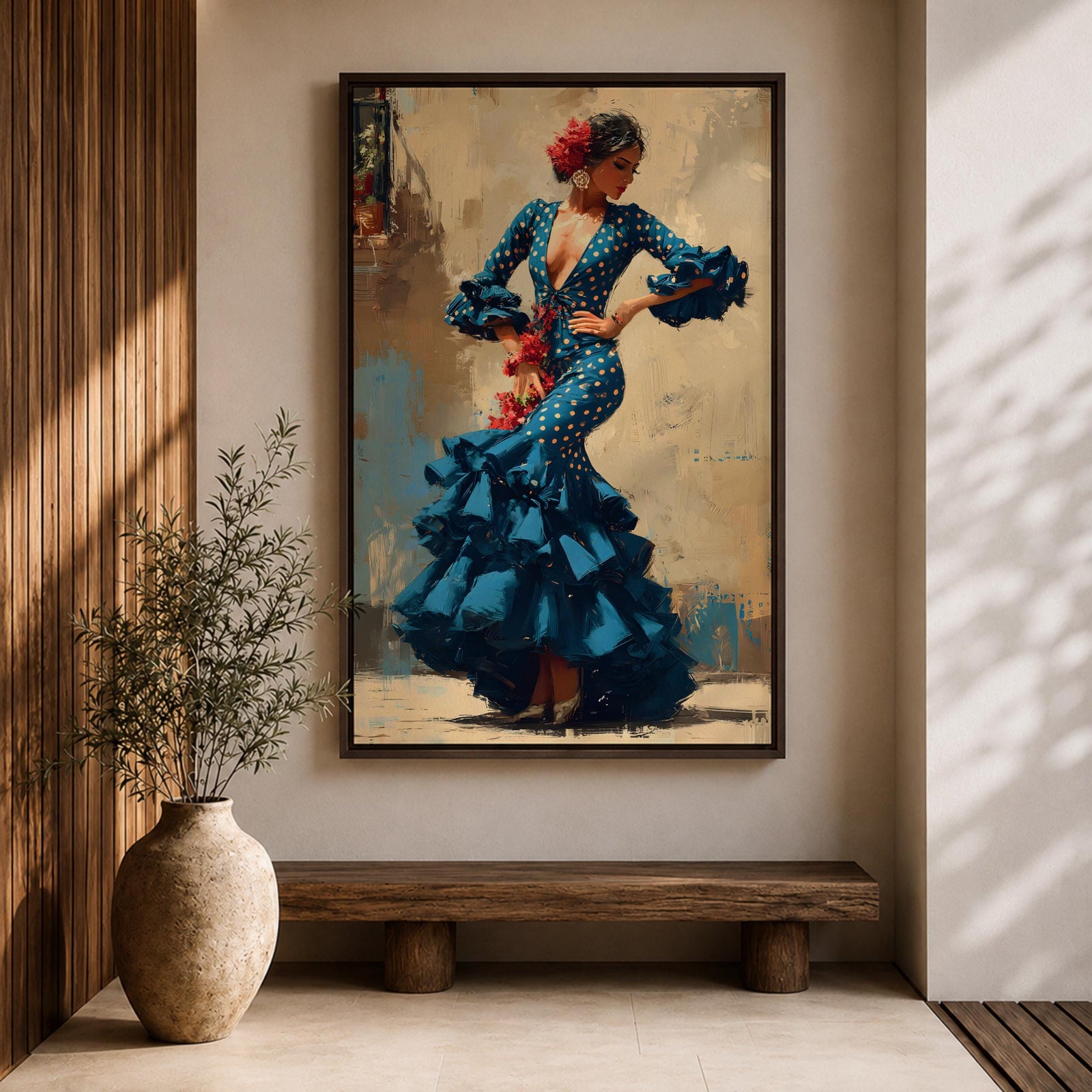 An expressive artwork of a flamenco dancer wearing a deep blue ruffled dress with polka dot patterns, posed mid movement with hands on her hips, adorned with red flowers, rendered in dynamic brushstrokes that capture motion, texture, and the bold energy of traditional Spanish dance.