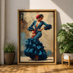 An expressive artwork of a flamenco dancer wearing a deep blue ruffled dress with polka dot patterns, posed mid movement with hands on her hips, adorned with red flowers, rendered in dynamic brushstrokes that capture motion, texture, and the bold energy of traditional Spanish dance.