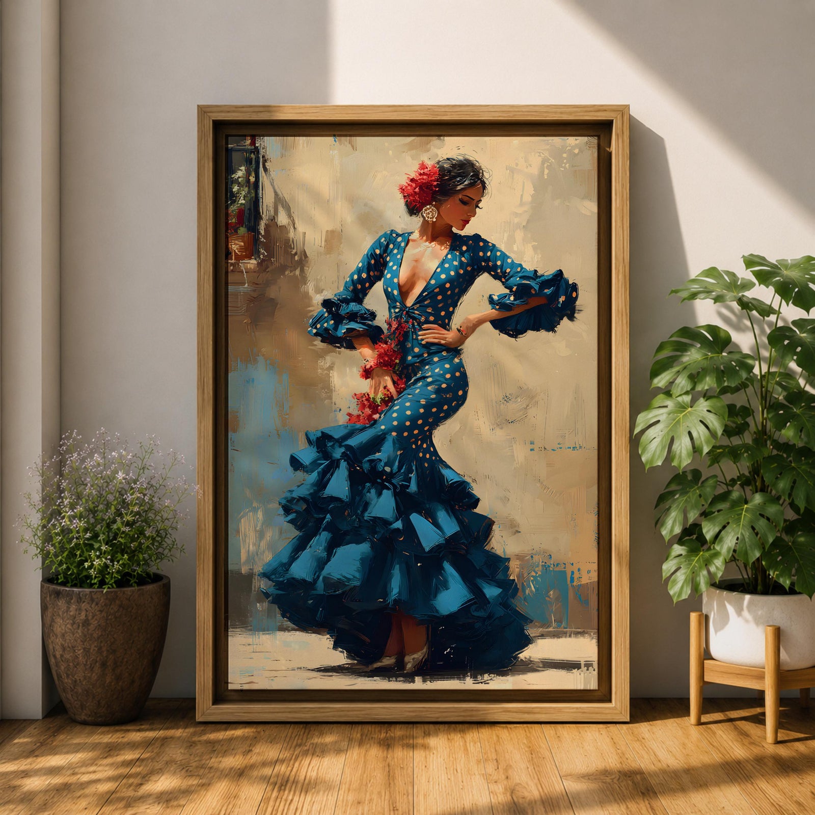 An expressive artwork of a flamenco dancer wearing a deep blue ruffled dress with polka dot patterns, posed mid movement with hands on her hips, adorned with red flowers, rendered in dynamic brushstrokes that capture motion, texture, and the bold energy of traditional Spanish dance.