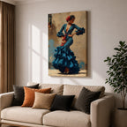 An expressive artwork of a flamenco dancer wearing a deep blue ruffled dress with polka dot patterns, posed mid movement with hands on her hips, adorned with red flowers, rendered in dynamic brushstrokes that capture motion, texture, and the bold energy of traditional Spanish dance.