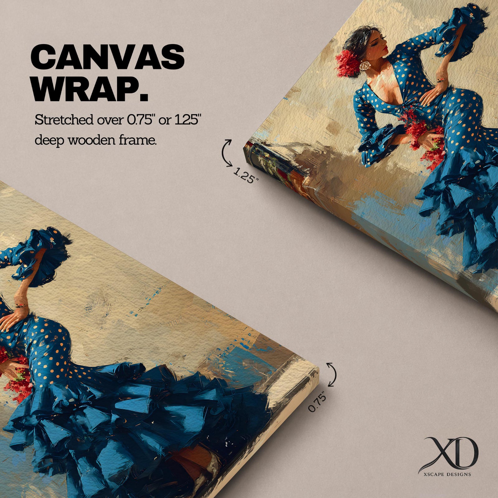 An expressive artwork of a flamenco dancer wearing a deep blue ruffled dress with polka dot patterns, posed mid movement with hands on her hips, adorned with red flowers, rendered in dynamic brushstrokes that capture motion, texture, and the bold energy of traditional Spanish dance.