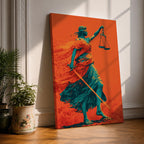 A bold modern artwork depicting Lady Justice as a blindfolded figure holding balanced scales in one hand and a sword in the other, rendered in striking teal tones against a vivid orange background, with flowing drapery and dynamic movement emphasizing strength, balance, and symbolic justice.
