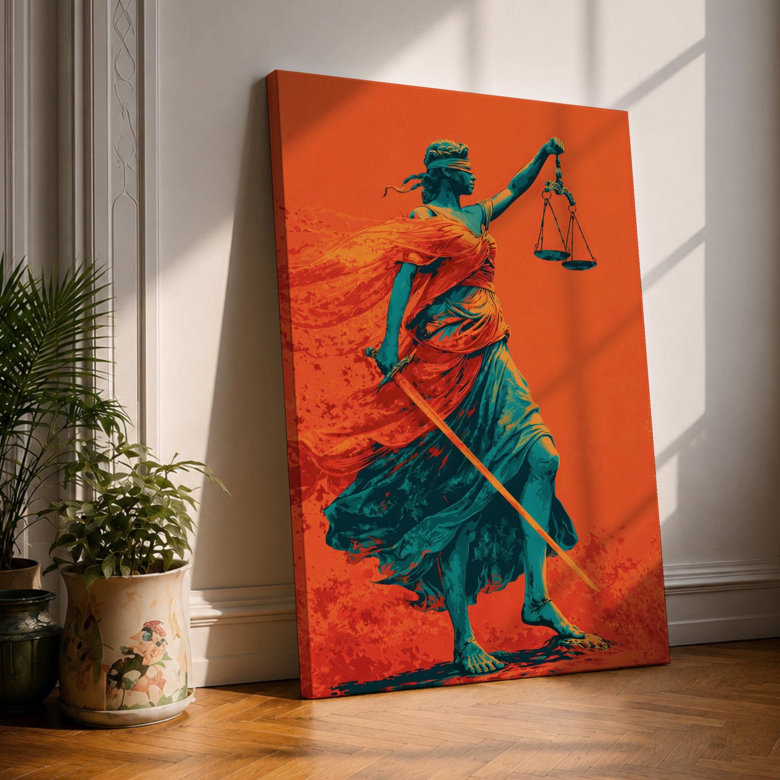 A bold modern artwork depicting Lady Justice as a blindfolded figure holding balanced scales in one hand and a sword in the other, rendered in striking teal tones against a vivid orange background, with flowing drapery and dynamic movement emphasizing strength, balance, and symbolic justice.
