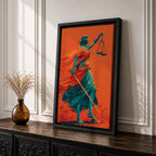 A bold modern artwork depicting Lady Justice as a blindfolded figure holding balanced scales in one hand and a sword in the other, rendered in striking teal tones against a vivid orange background, with flowing drapery and dynamic movement emphasizing strength, balance, and symbolic justice.