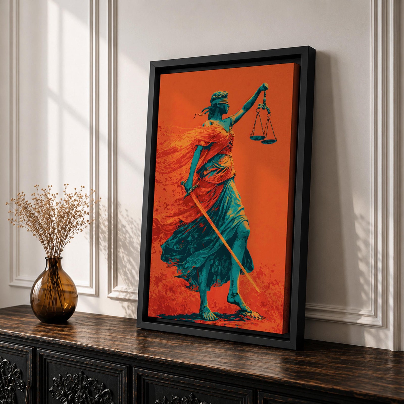 A bold modern artwork depicting Lady Justice as a blindfolded figure holding balanced scales in one hand and a sword in the other, rendered in striking teal tones against a vivid orange background, with flowing drapery and dynamic movement emphasizing strength, balance, and symbolic justice.