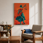 A bold modern artwork depicting Lady Justice as a blindfolded figure holding balanced scales in one hand and a sword in the other, rendered in striking teal tones against a vivid orange background, with flowing drapery and dynamic movement emphasizing strength, balance, and symbolic justice.