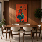 A bold modern artwork depicting Lady Justice as a blindfolded figure holding balanced scales in one hand and a sword in the other, rendered in striking teal tones against a vivid orange background, with flowing drapery and dynamic movement emphasizing strength, balance, and symbolic justice.