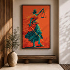 A bold modern artwork depicting Lady Justice as a blindfolded figure holding balanced scales in one hand and a sword in the other, rendered in striking teal tones against a vivid orange background, with flowing drapery and dynamic movement emphasizing strength, balance, and symbolic justice.