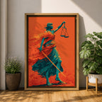 A bold modern artwork depicting Lady Justice as a blindfolded figure holding balanced scales in one hand and a sword in the other, rendered in striking teal tones against a vivid orange background, with flowing drapery and dynamic movement emphasizing strength, balance, and symbolic justice.