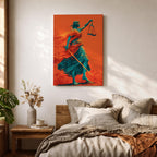 A bold modern artwork depicting Lady Justice as a blindfolded figure holding balanced scales in one hand and a sword in the other, rendered in striking teal tones against a vivid orange background, with flowing drapery and dynamic movement emphasizing strength, balance, and symbolic justice.