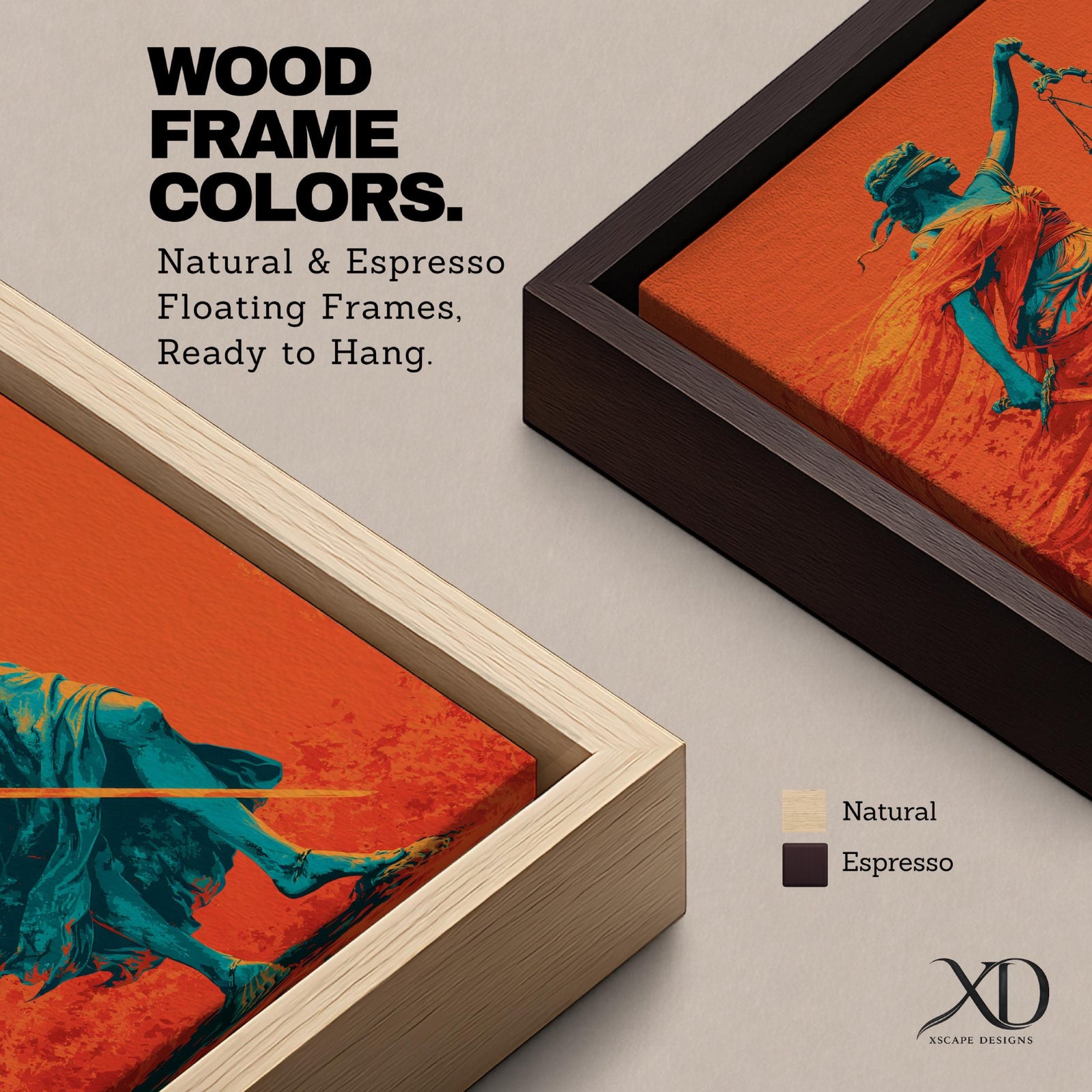 A bold modern artwork depicting Lady Justice as a blindfolded figure holding balanced scales in one hand and a sword in the other, rendered in striking teal tones against a vivid orange background, with flowing drapery and dynamic movement emphasizing strength, balance, and symbolic justice.