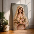 A soft classical depiction of the Blessed Mother holding flowers with the Sacred Heart of Mary, painted in gentle pastel tones symbolizing devotion and purity.