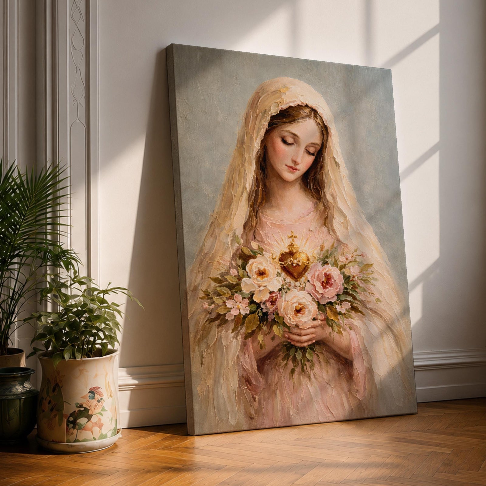 A soft classical depiction of the Blessed Mother holding flowers with the Sacred Heart of Mary, painted in gentle pastel tones symbolizing devotion and purity.