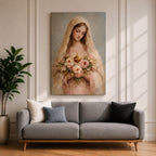 A soft classical depiction of the Blessed Mother holding flowers with the Sacred Heart of Mary, painted in gentle pastel tones symbolizing devotion and purity.