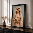 A soft classical depiction of the Blessed Mother holding flowers with the Sacred Heart of Mary, painted in gentle pastel tones symbolizing devotion and purity.