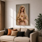 A soft classical depiction of the Blessed Mother holding flowers with the Sacred Heart of Mary, painted in gentle pastel tones symbolizing devotion and purity.