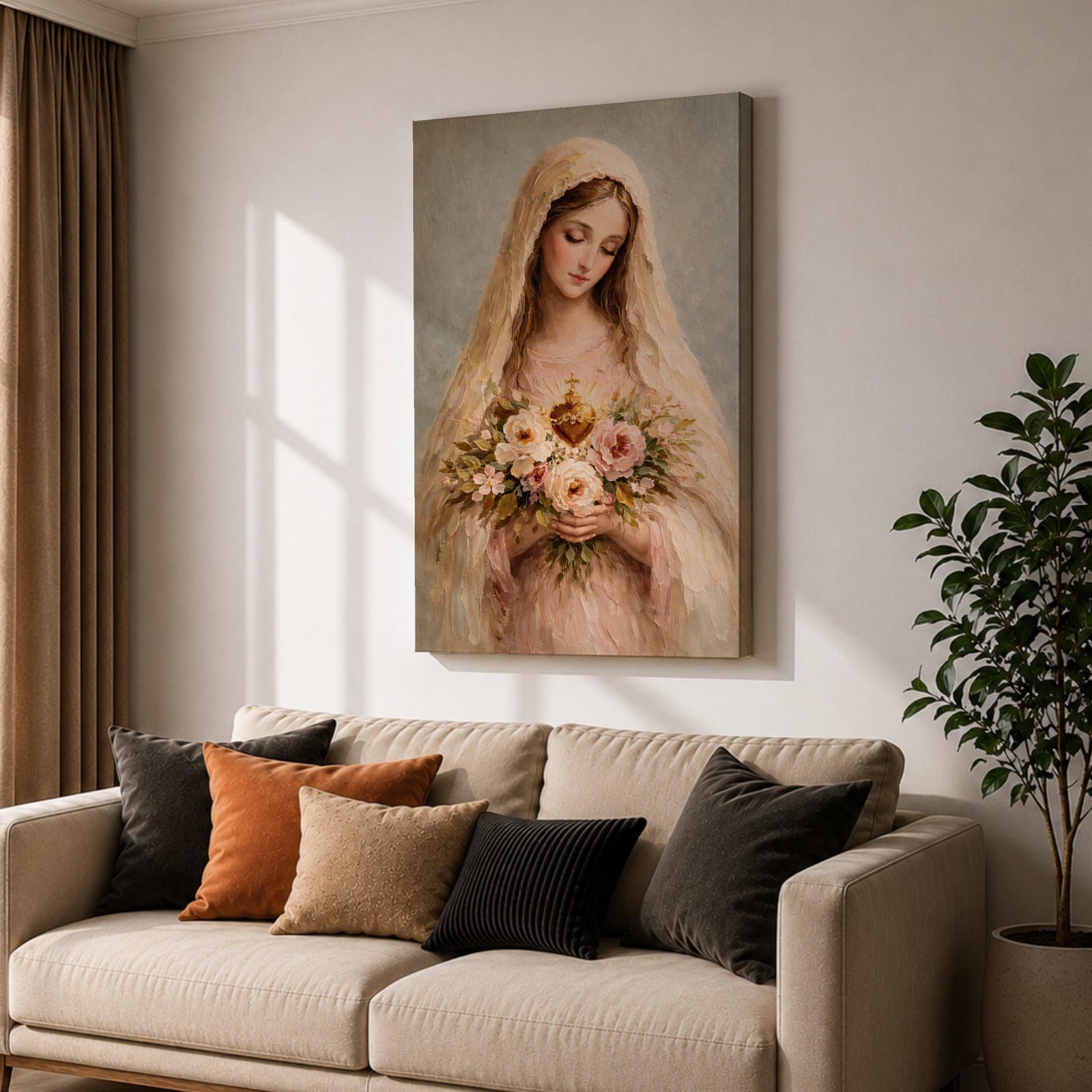A soft classical depiction of the Blessed Mother holding flowers with the Sacred Heart of Mary, painted in gentle pastel tones symbolizing devotion and purity.