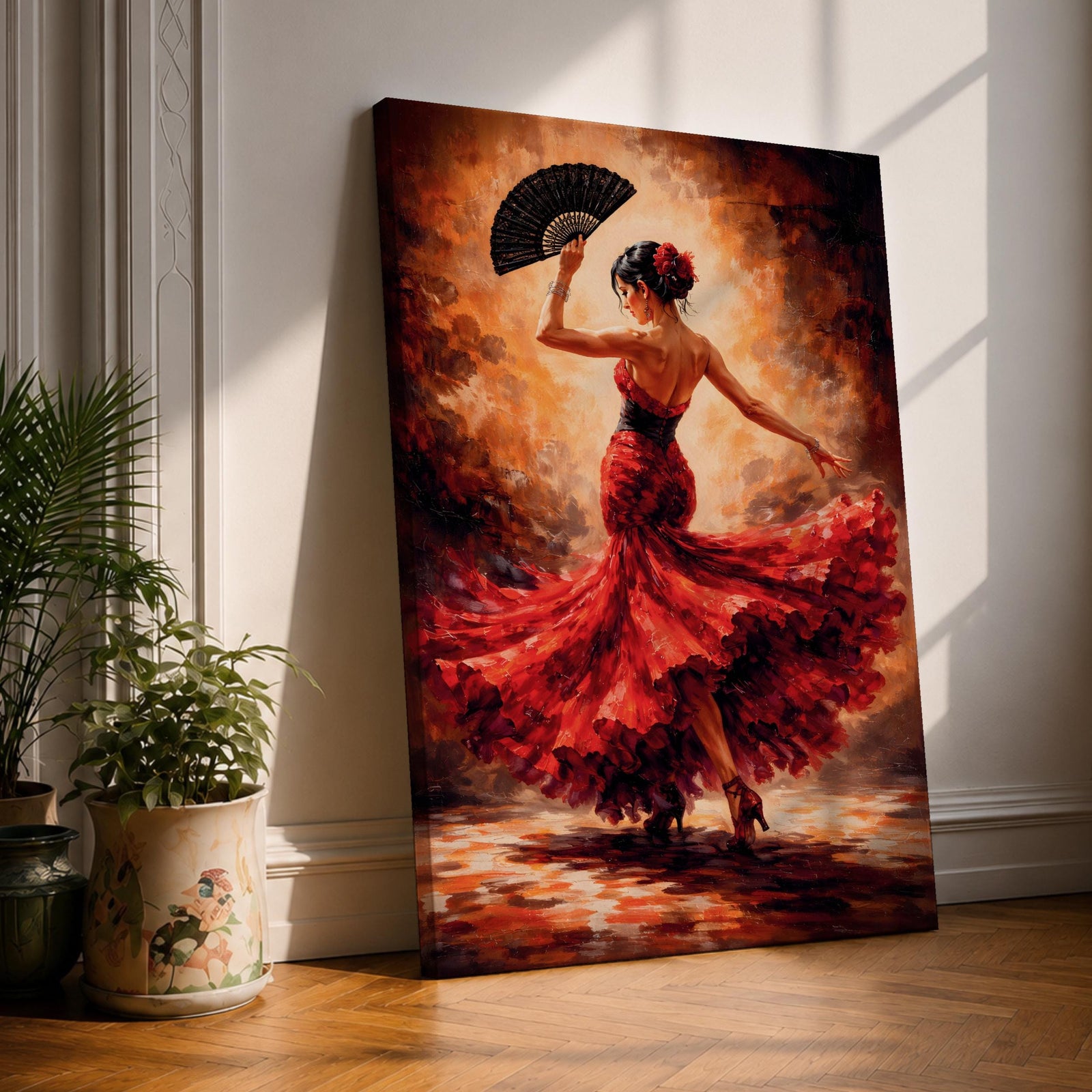 A flamenco dancer captured mid motion wearing a flowing red dress, holding a black fan while turning with dramatic movement, set against a textured warm-toned background with expressive brushwork that emphasizes motion, rhythm, and intensity of Spanish dance culture.