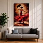 A flamenco dancer captured mid motion wearing a flowing red dress, holding a black fan while turning with dramatic movement, set against a textured warm-toned background with expressive brushwork that emphasizes motion, rhythm, and intensity of Spanish dance culture.