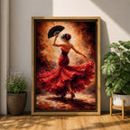 A flamenco dancer captured mid motion wearing a flowing red dress, holding a black fan while turning with dramatic movement, set against a textured warm-toned background with expressive brushwork that emphasizes motion, rhythm, and intensity of Spanish dance culture.