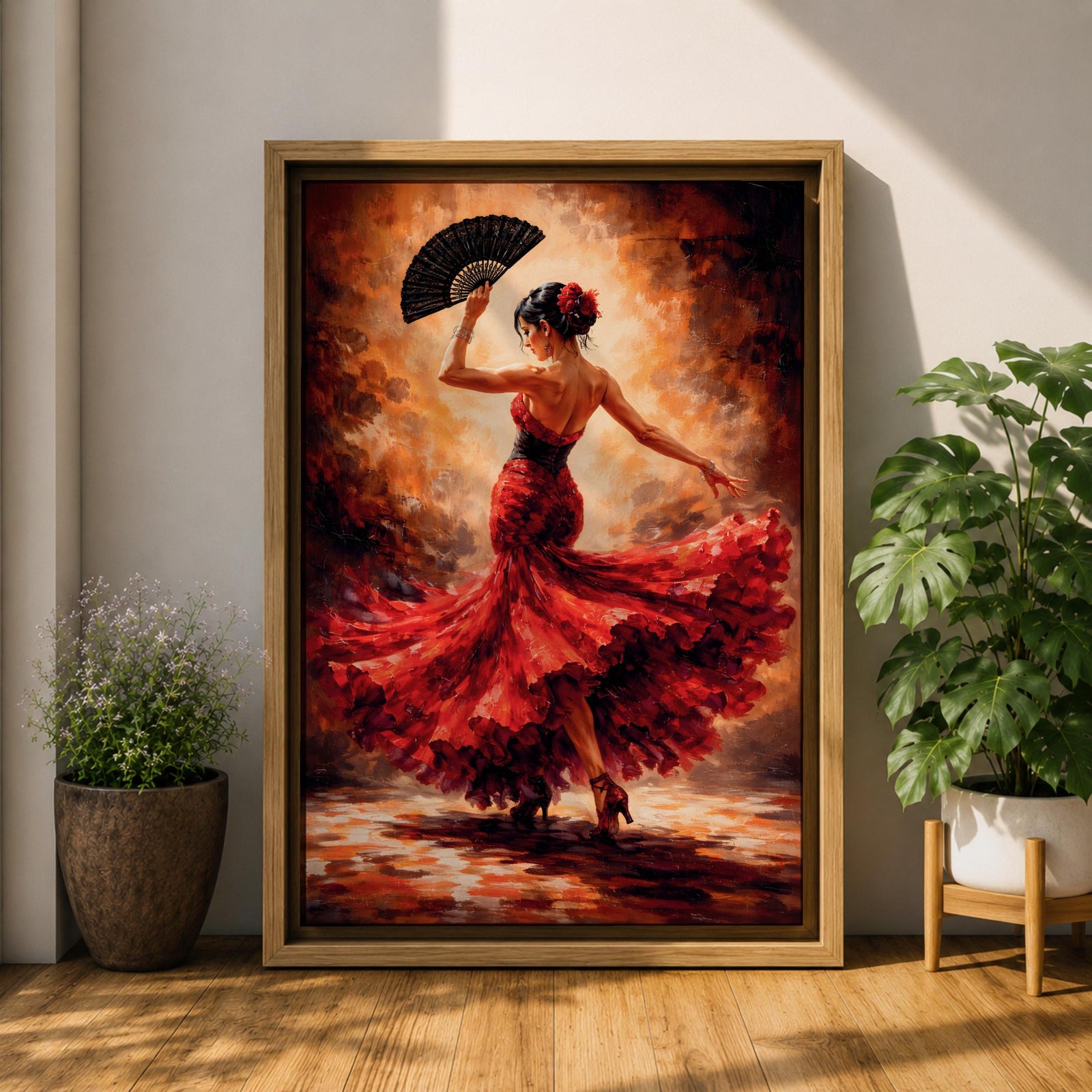 A flamenco dancer captured mid motion wearing a flowing red dress, holding a black fan while turning with dramatic movement, set against a textured warm-toned background with expressive brushwork that emphasizes motion, rhythm, and intensity of Spanish dance culture.