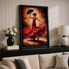 A flamenco dancer captured mid motion wearing a flowing red dress, holding a black fan while turning with dramatic movement, set against a textured warm-toned background with expressive brushwork that emphasizes motion, rhythm, and intensity of Spanish dance culture.