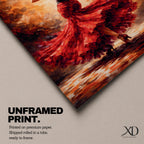 A flamenco dancer captured mid motion wearing a flowing red dress, holding a black fan while turning with dramatic movement, set against a textured warm-toned background with expressive brushwork that emphasizes motion, rhythm, and intensity of Spanish dance culture.